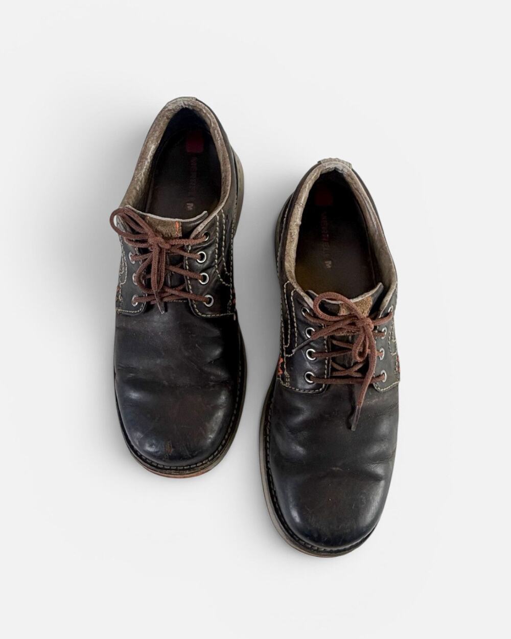 Merrell Dark Earth Brown Leather Lace Up Oxford Shoes Sz 9.5 Gorp Grandpa Cabin